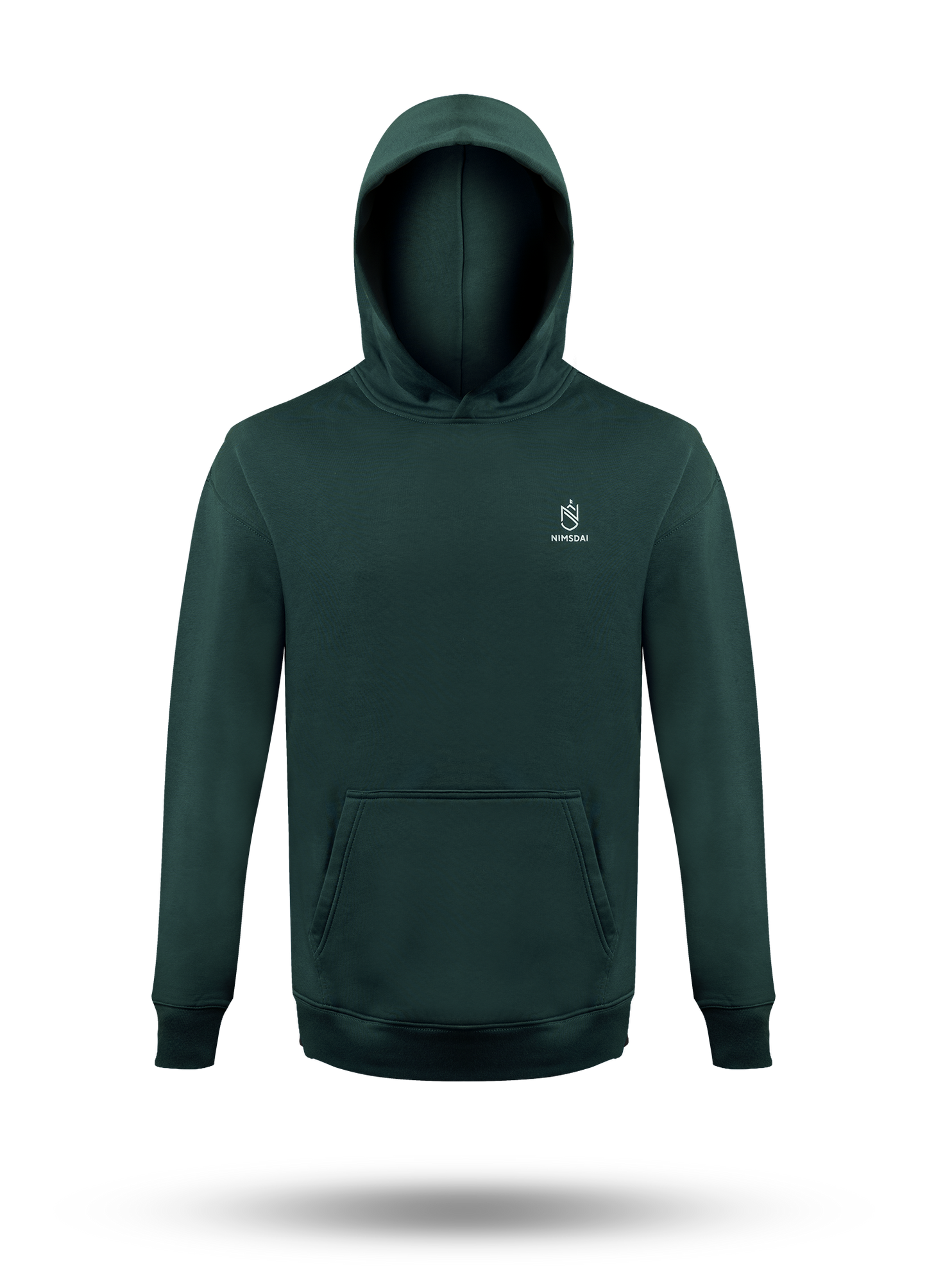 A nimsdai store relentless dark forest green pullover hoodie with a small white embroidered crest logo on the left chest, displayed on a clean white background with a soft drop shadow.